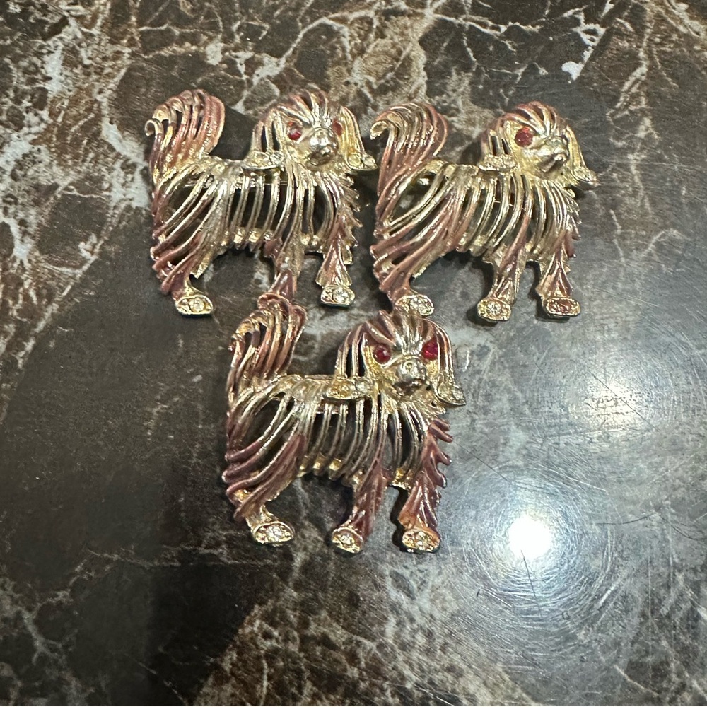 vintage Weiss Shih Tzu dog brooch pin with rhinestones -gold tone -Set of 3
